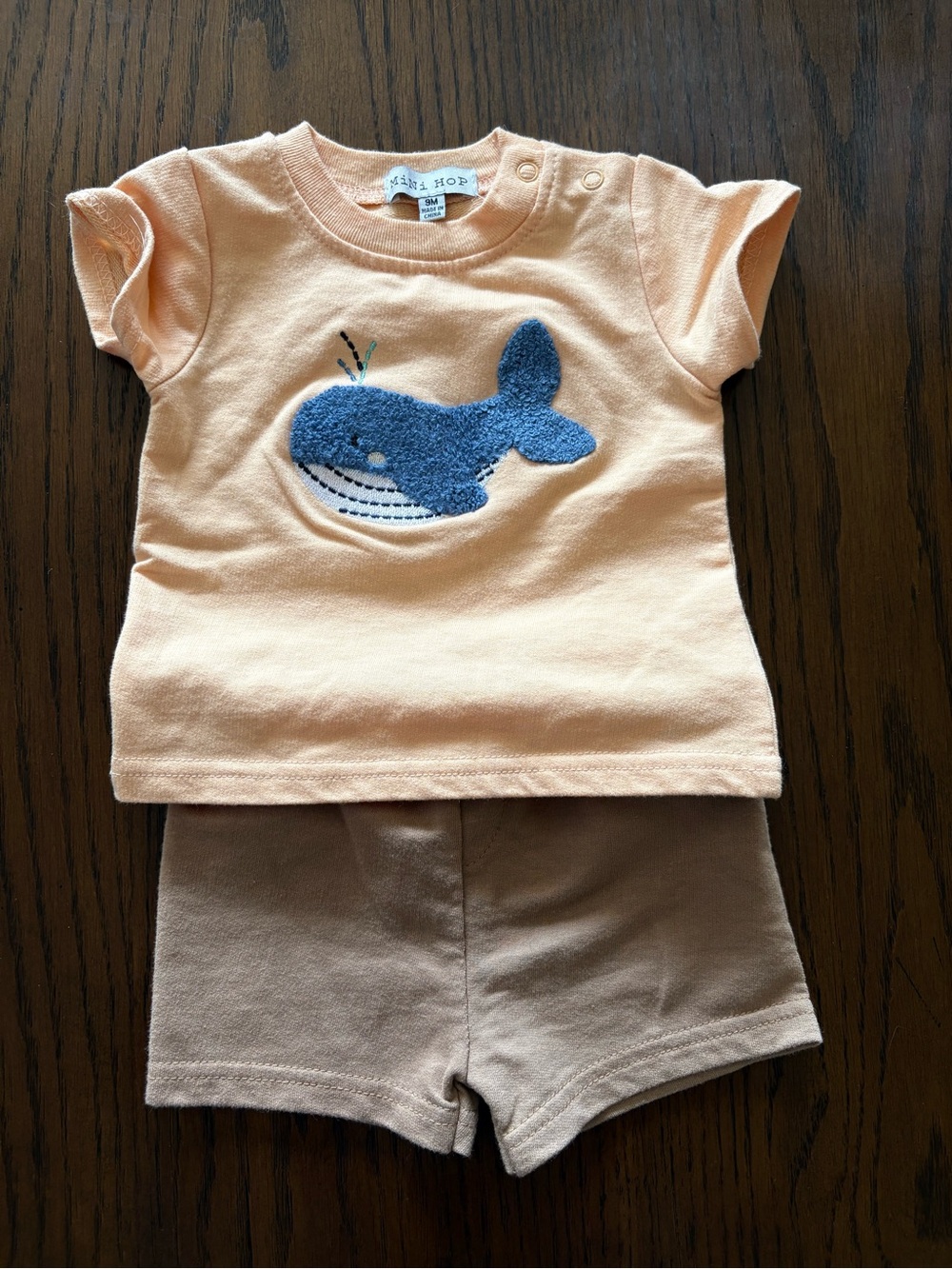 Mini Hop Peach Whale Applique Tee & Tan Shorts Set